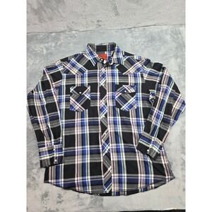 Rustler Mens Western Pearl Snap Shirt Sz L X-Long Tails Plaid Black Blue 75165RP